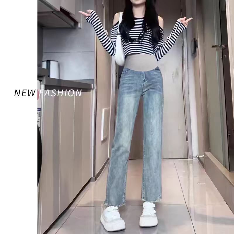 Tmall Quality ~ in stock Stretch Pregnant Women Jeans Spring and Autumn Straight Tube Pants Autumn Nine Points [1 Piece for Hair]]