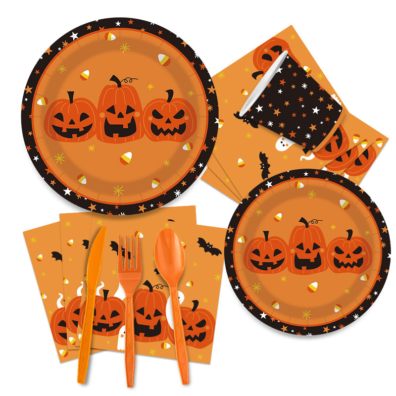 ハロウィンカボチャゴーストパーティー食器使い捨て用品ティッシュペーパートレイプラスチックカトラリーパーティーセット卸売|undefined