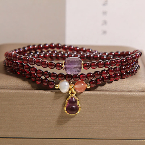 Natural Garnet Multi-layer Bracelet for Women, Light Luxury, Unique, High-end, Fortune-bringing and Luck-changing Amethyst Gourd Beads Bracelet