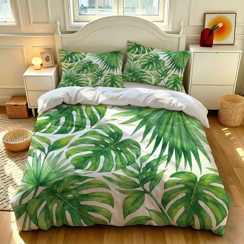 Three-Piece Bedding Set with Tropical Plant Digital Print, Duvet Cover, Pillowcase, and Bed Linens, Tropical Plant Amazon Jit