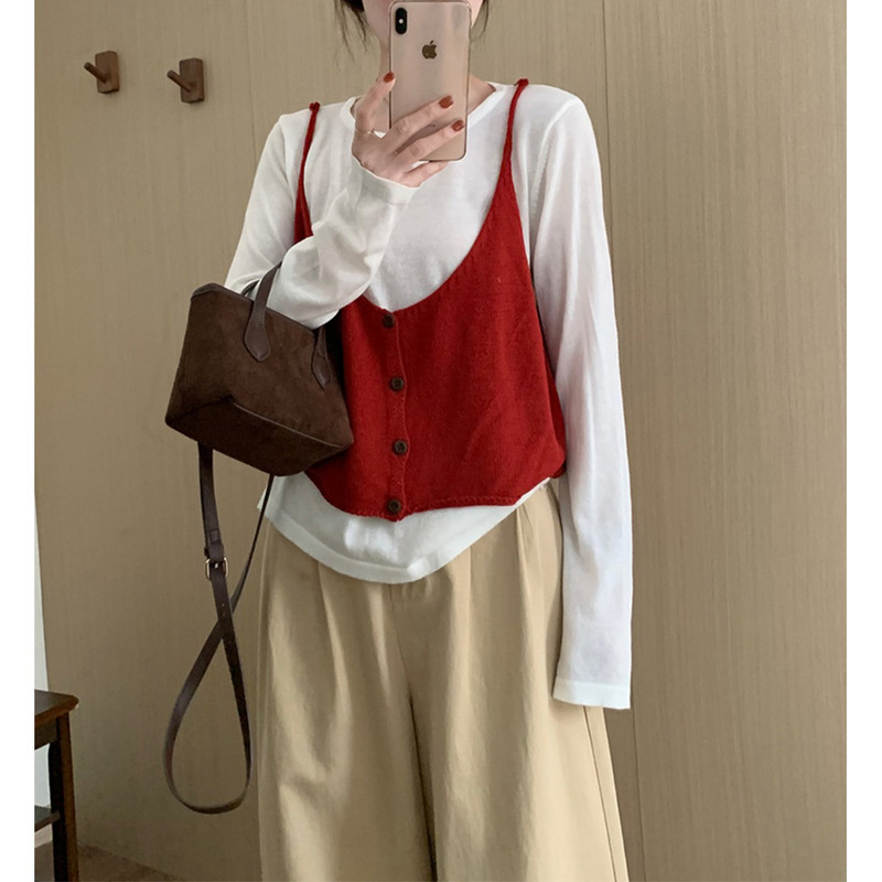 早秋韩风穿搭2025流行的开衫吊带背心+长袖针织打底衫两件套装女|undefined