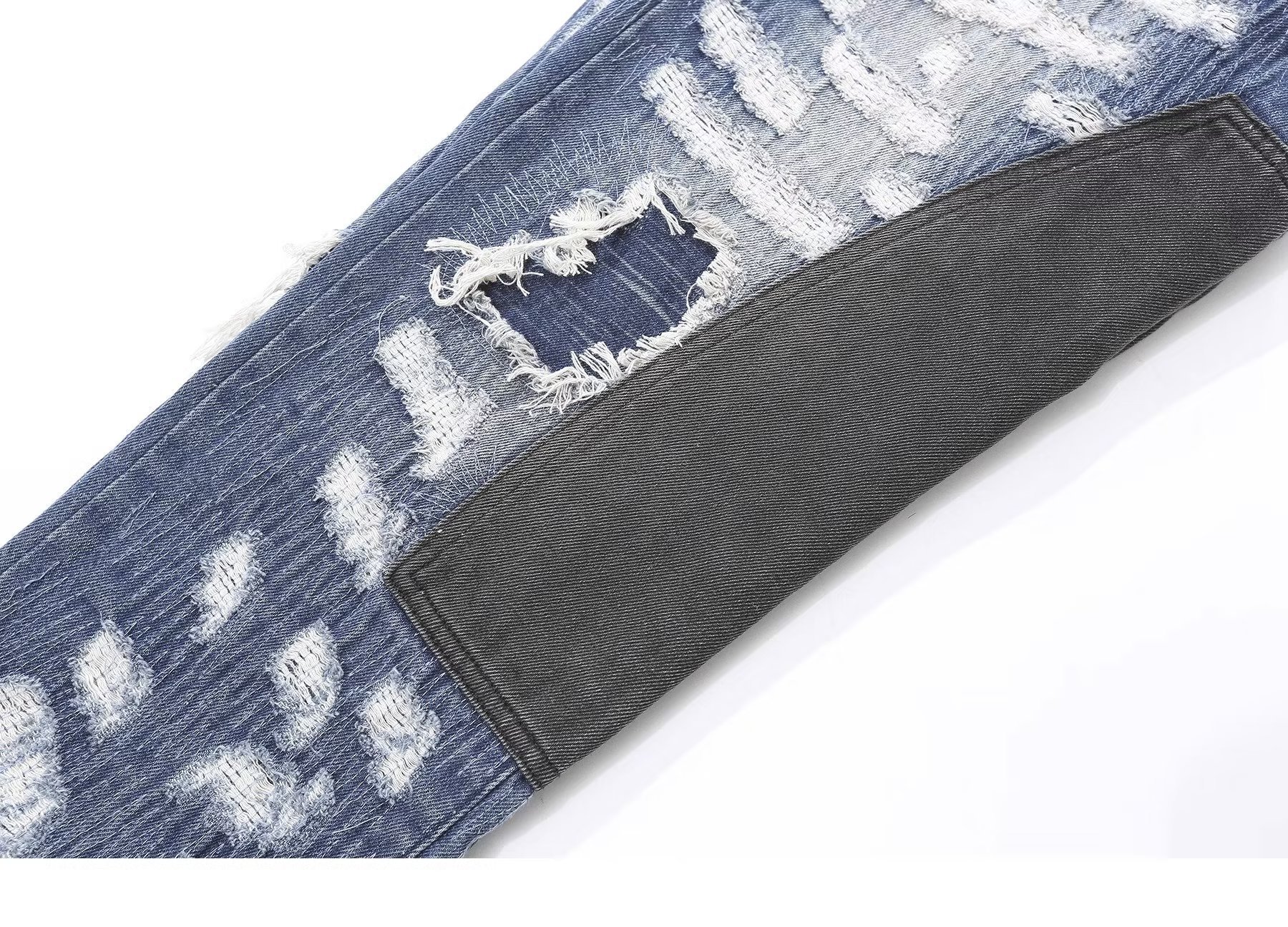 American Heavy Industry Splicing Knife Cut Hole Erosion Patch Jeans High Street Hip Hop Loose Straight Tube Micro Flare_voghion.com