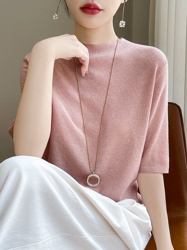 Summer Tops with a Small Half-High Collar, Half-Sleeve, Mid-Sleeve, Knitted Short-Sleeve Women's Shirts, High-End, Loose, Lazy Style, Slimming Summer Tops with a Small Half-High Collar, Half-Sleeve, Mid-Sleeve, Knitted Short-Sleeve Women's Shirts, High-End, Loose, Lazy Style, Slimming