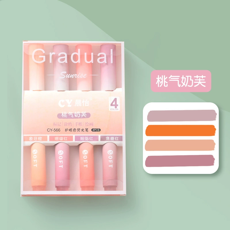 Fluorescent Gradient Highlighter Set, 4‑Pack Pastel Shades, large-capacity & eye-friendly