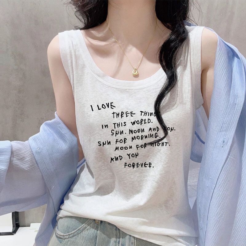 Letter Print Round Neck Large Size T-Shirt for Women 2026 Summer Thin Snowflake Cotton Slimming Top Sleeveless Vest