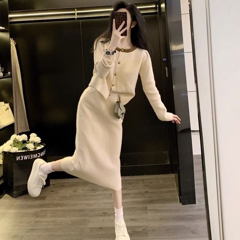 小香风针织裙套装女秋冬新款开衫小外套显瘦气质中长款半裙两件套|undefined