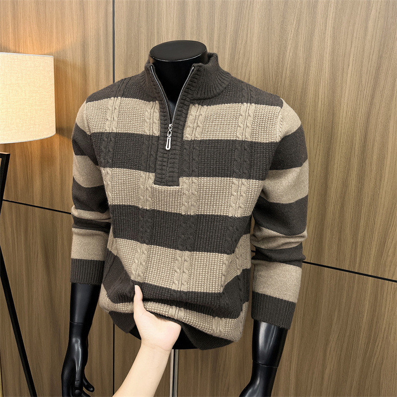 New autumn and winter men's knitted sweater with half-high collar and zipper, thickened color-blocked old money style warm sweater
