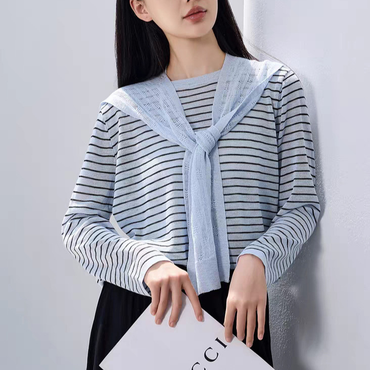 Bamboo Linen French Gentle Style Striped Knit T-Shirt for Women 2026 Summer New Breathable Navy Collar Shawl Long-Sleeve Shirt