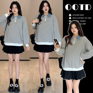 Real shot in stock pregnant women autumn and winter cotton striped sweater loose long sleeve plus size top all-match round neck pullover sweater