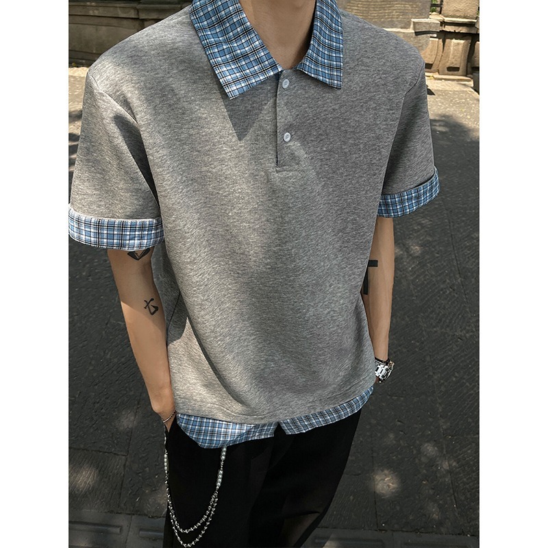 藏蓝色格纹假两件学院风polo领短袖衬衫夏高级感百搭T恤半袖上衣|undefined