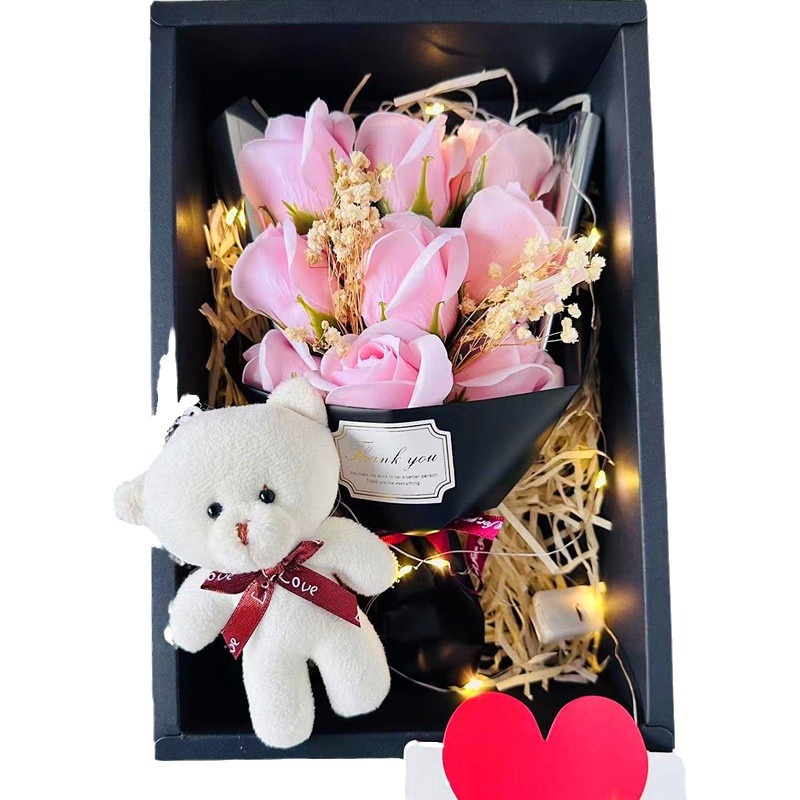 Valentinstag Rosen-Seifenblumen-Mixbox für Freundin zum Geburtstagsgeschenk mit LED-Lichter_voghion.com