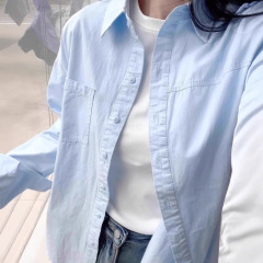 2025新款春秋显白浅蓝色纯棉衬衫女薄款上衣长袖宽松显瘦百搭衬衣