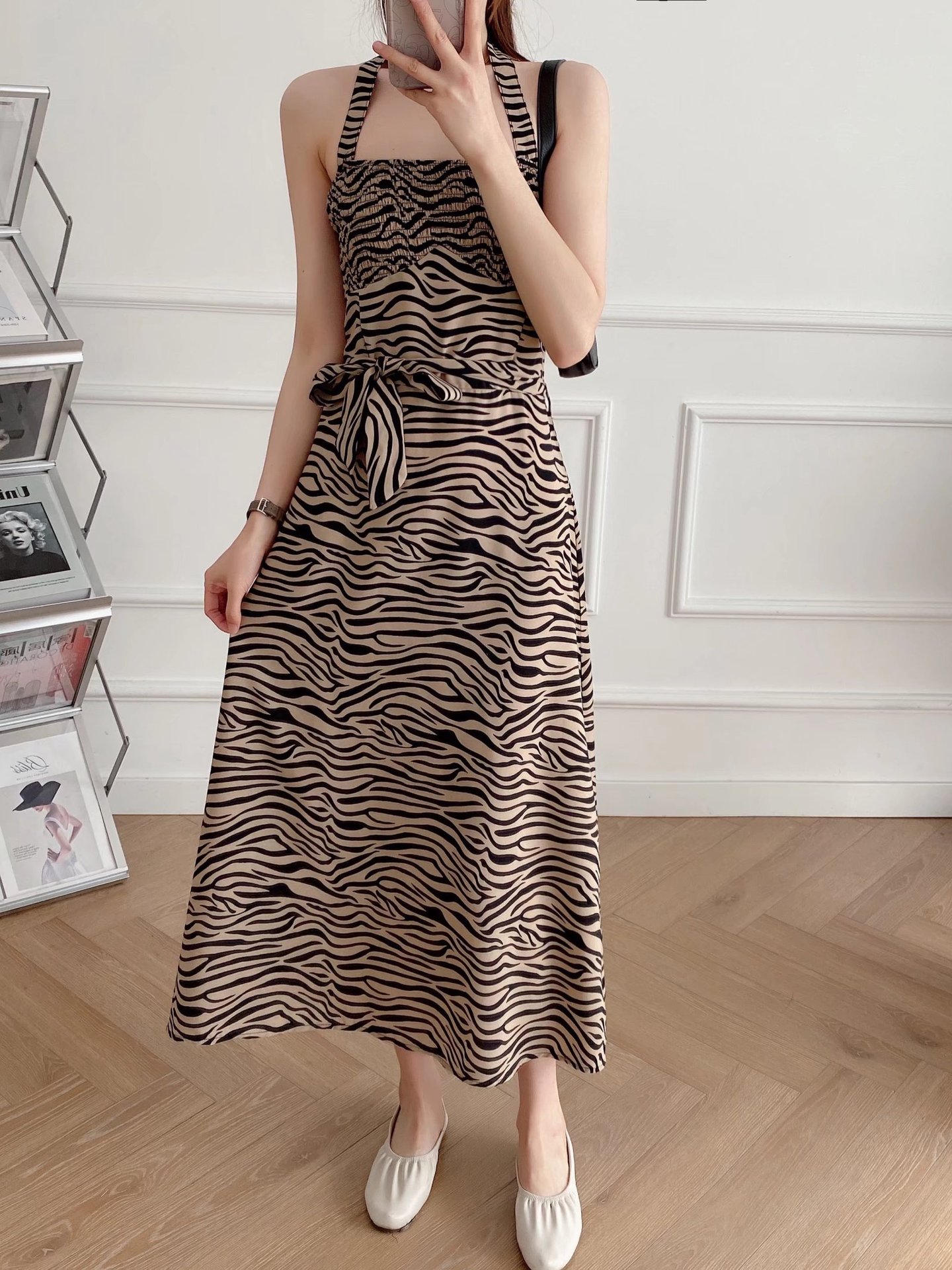 Halter-Neck Zebra Print Waist Dress NSAM109995