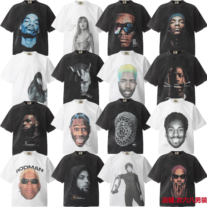 Vintage American High Street Big Face Portrait Print Heavy Washed Distressed Couple Loose Short-Sleeved T-Shirt Trendy Vintage American High Street Big Face Portrait Print Heavy Washed Distressed Couple Loose Short-Sleeved T-Shirt Trendy