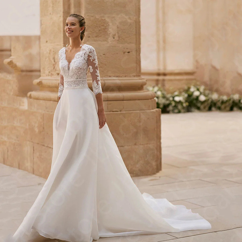 Foreign Trade Wedding Dress 2026 New Style Elegant V-Neck Wedding Dinner Formal Occasion Lace Long-Sleeved A-Line Dress for Women Amazon