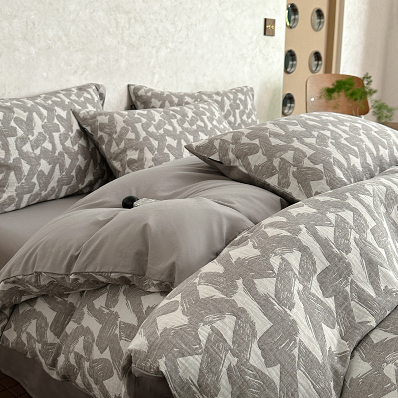 Cama de hilo de doble capa de cuatro piezas de algodón puro 100 funda de edredón de algodón grueso de tres piezas de sábanas de dormitorio 2025 nuevo 3