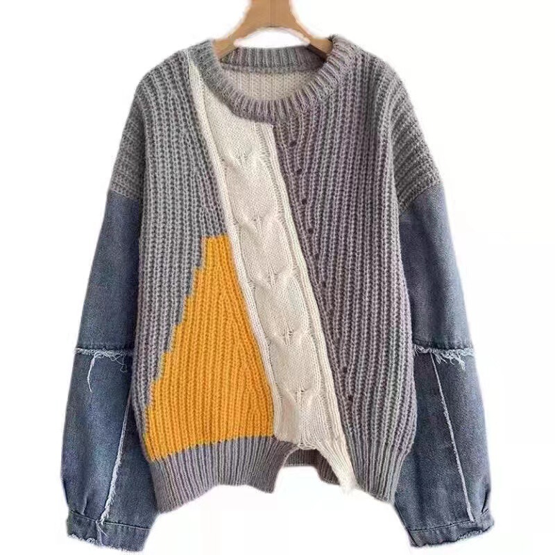 Cat-Like Autumn and Winter Lazy Style Loose Denim Chunky Knit Sweater with Design Sense, Color-Blocking Fashion Pullover with 3D Pattern
