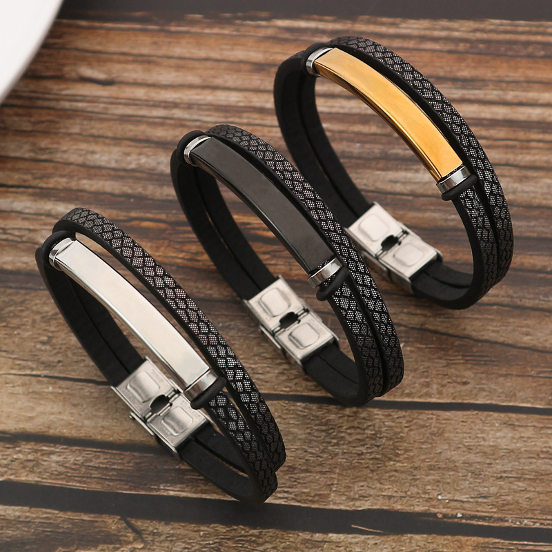 European and American Amazon cross-border hand jewelry PU leather stainless steel couple bracelet fashion titanium steel Sports men's bracelet