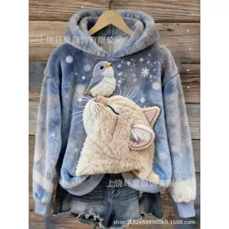 新款跨境独立站亚马逊3D数码印花图案女士连帽法兰绒时尚秋冬卫衣