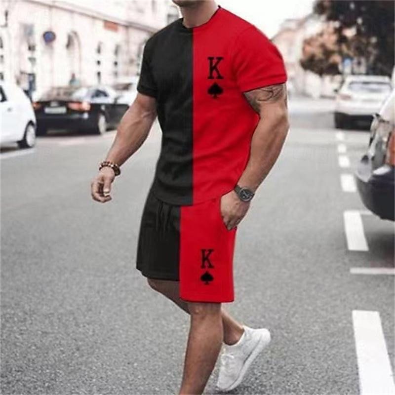 Comercio exterior europeo y americano verano nuevo estilo moda hombre simple impresión 3D a juego de color camiseta de manga corta traje de 2 piezas para hombre al por mayor