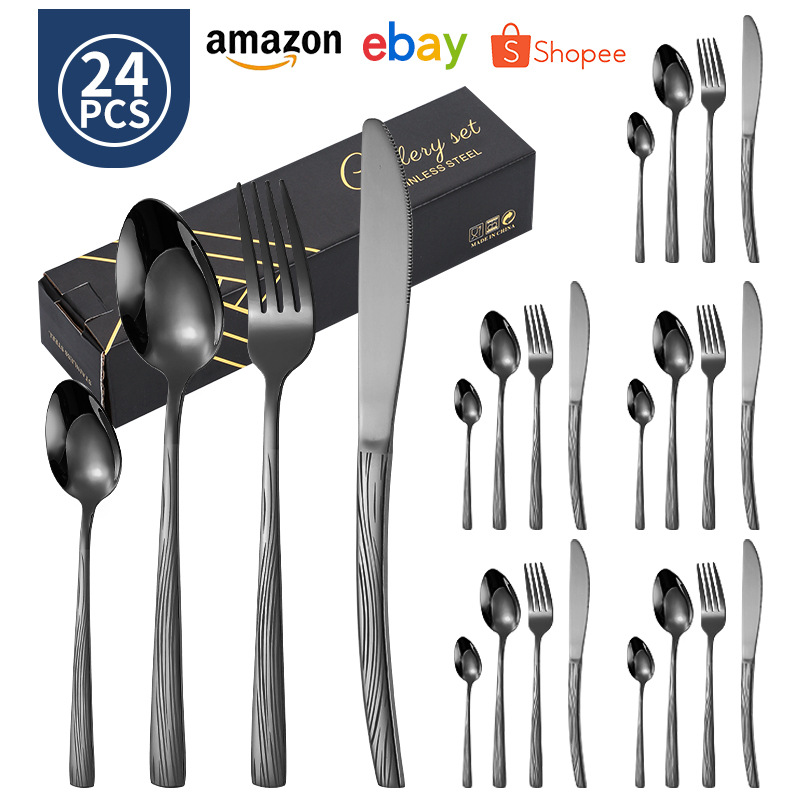 Juego de vajilla de 24 piezas de cuchillo y tenedor de acero inoxidable de venta caliente transfronteriza caja de regalo cuchara de comida occidental de Amazon dorada chapada en titanio
