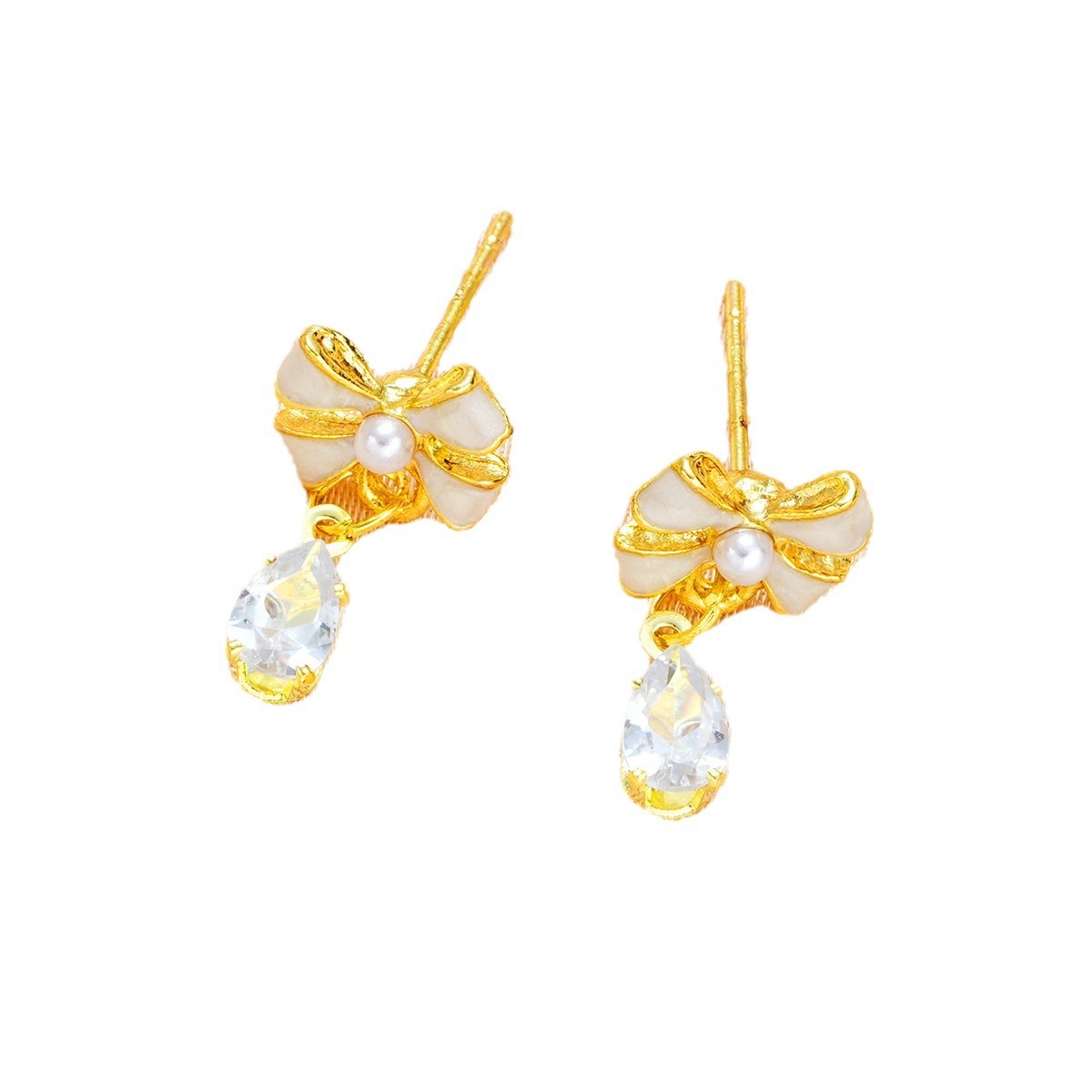 Sophisticated small cute universal earrings with bow pearl…
