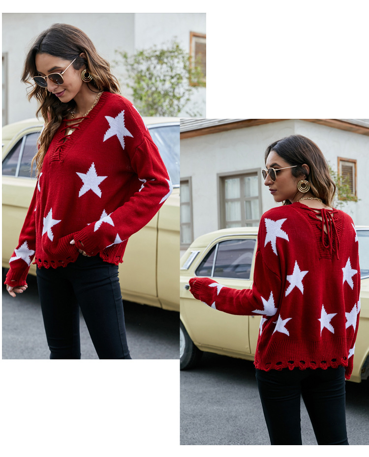 V-neck lace-up five-star jacquard pullover sweater nihaostyles wholesale clothing NSYH82721