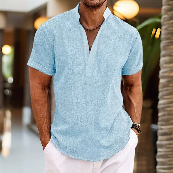 Summer Short-Sleeved T-Shirt, Distressed Linen Mid-Sleeve Shirt, Men's Loose Stand-Up Collar Pullover, Breathable Cotton and Linen Casual Shirt