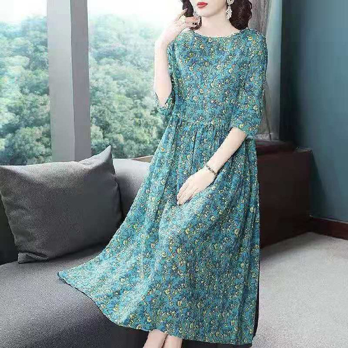 2025 summer new floral plus size women's clothing rich lady fashion age-reducing printed dress mid-length