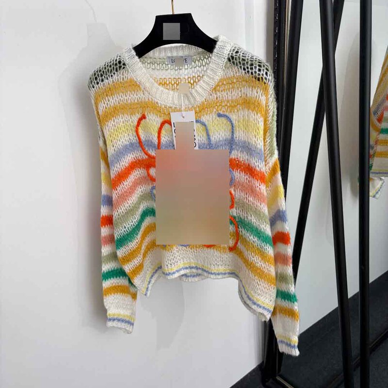 Nanyou High-end Women's New Model Sweater with 3D Logo Embroidery, Contrast Color Stripes, Hollow Design, Long Sleeves, Mohair Knitwear