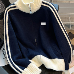 撞色条纹棒球服外套女春秋新款拼接拉链小个子
