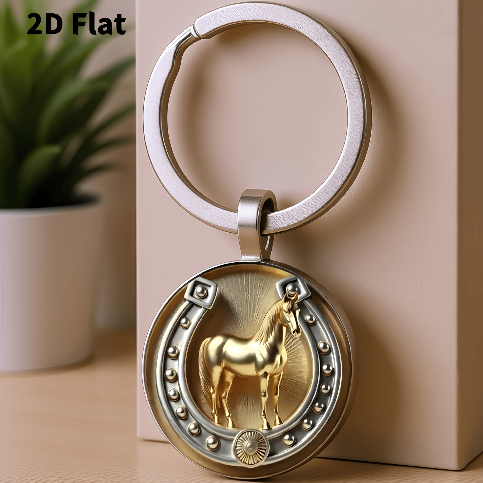 Ventas transfronterizas calientes de caballo de oro y herradura de caballo llavero colgante de vidrio accesorios llavero de aleación de moda