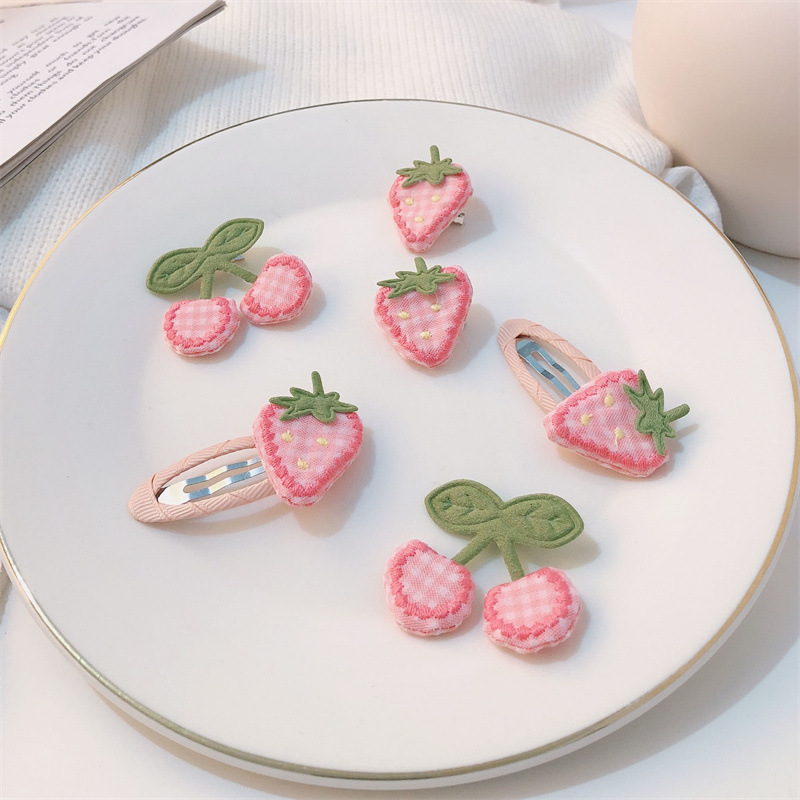 Pink Strawberry Cherry Fabric BB Clip Cute Sweet Girl Heart Bangs Clip Fruit Hair Accessories Student Side Clip Women