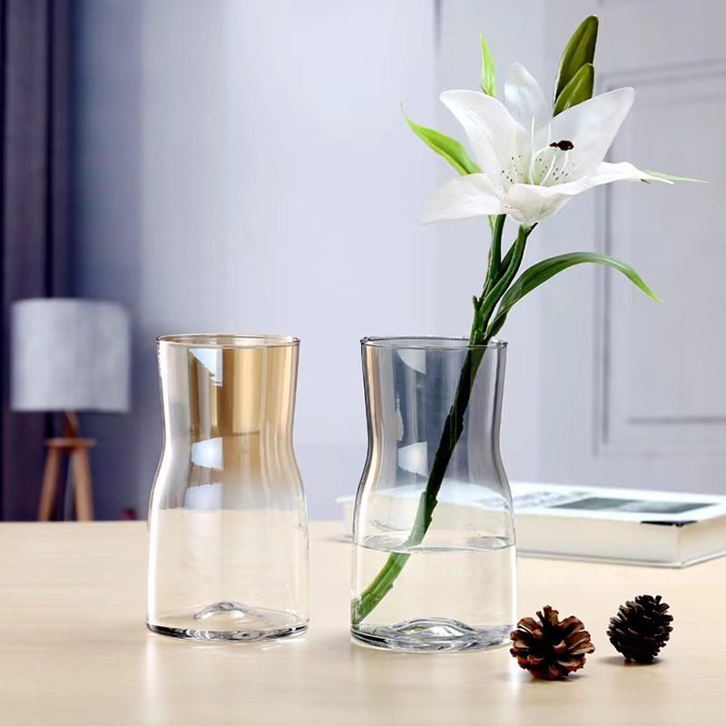 北欧风电镀渐变炫彩创意玻璃花瓶透明金色桌面插花小清新装饰摆件