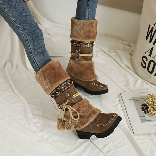 Ethnic Storm Zebra Plush Ball Ankle Boots Thick Sole Martin Boots Fuzzy Snow Boots Plus Size Dropshipping