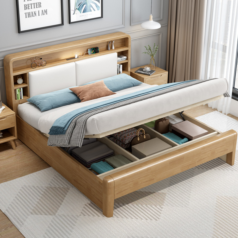Cama de madera maciza nórdica 1,8 m dormitorio principal cama doble moderna minimalista 1,5 m cama de almacenamiento pequeño apartamento casa cama individual