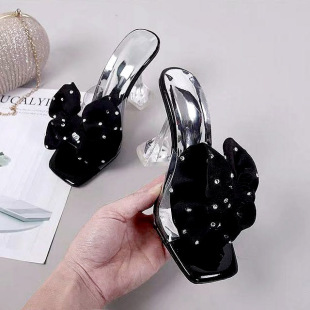 Crystal High Heels Women's 2022 New Fashion Stiletto Heel Fashion Summer Open Toe Fairy Slippers Outer Wear Big Flower