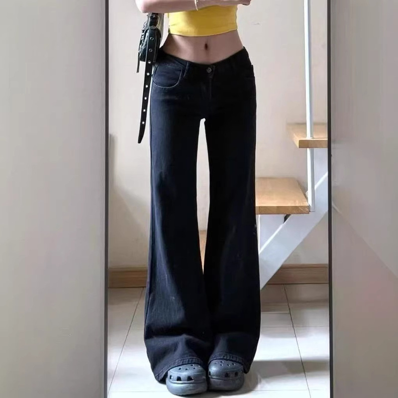 Hot Girl Style Black Low-Waist Flared Jeans for Women, New Spring/Summer Large Size Slim Fit Wide-Leg Slimming Straight Flared Pants
