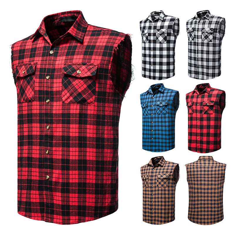 2023 Summer New European Size Men's Casual Sleeveless Shirt Amazon Fashion Plaid Multicolor Shirt Bulk