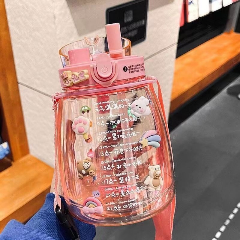 大容量塑料水杯网红布丁学生大肚杯儿童可爱便携卡通双饮吸管杯|undefined