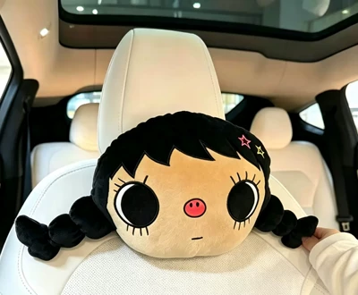 Trendy Big-Eyed Doll Car Headrest, Black Braided Girl Plush Neck Pillow, Internet Celebrity Style Throw Pillow (Headrest) - a-headrest-for-girls-with-braids