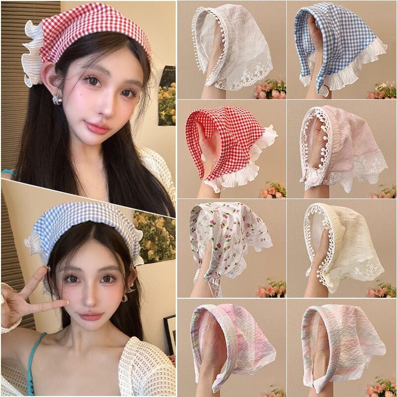 Pastoral Style Lace Headband New Blast Furnace Top Triangle Scarf Headband French Retro Plaid Sweet Cute Scarf