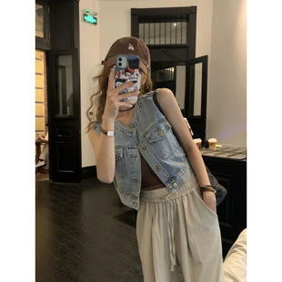 American Retro Denim Vest Jacket for Women, Summer Outerwear, Short Sleeveless Vest Top, Loose Vest, Trendy