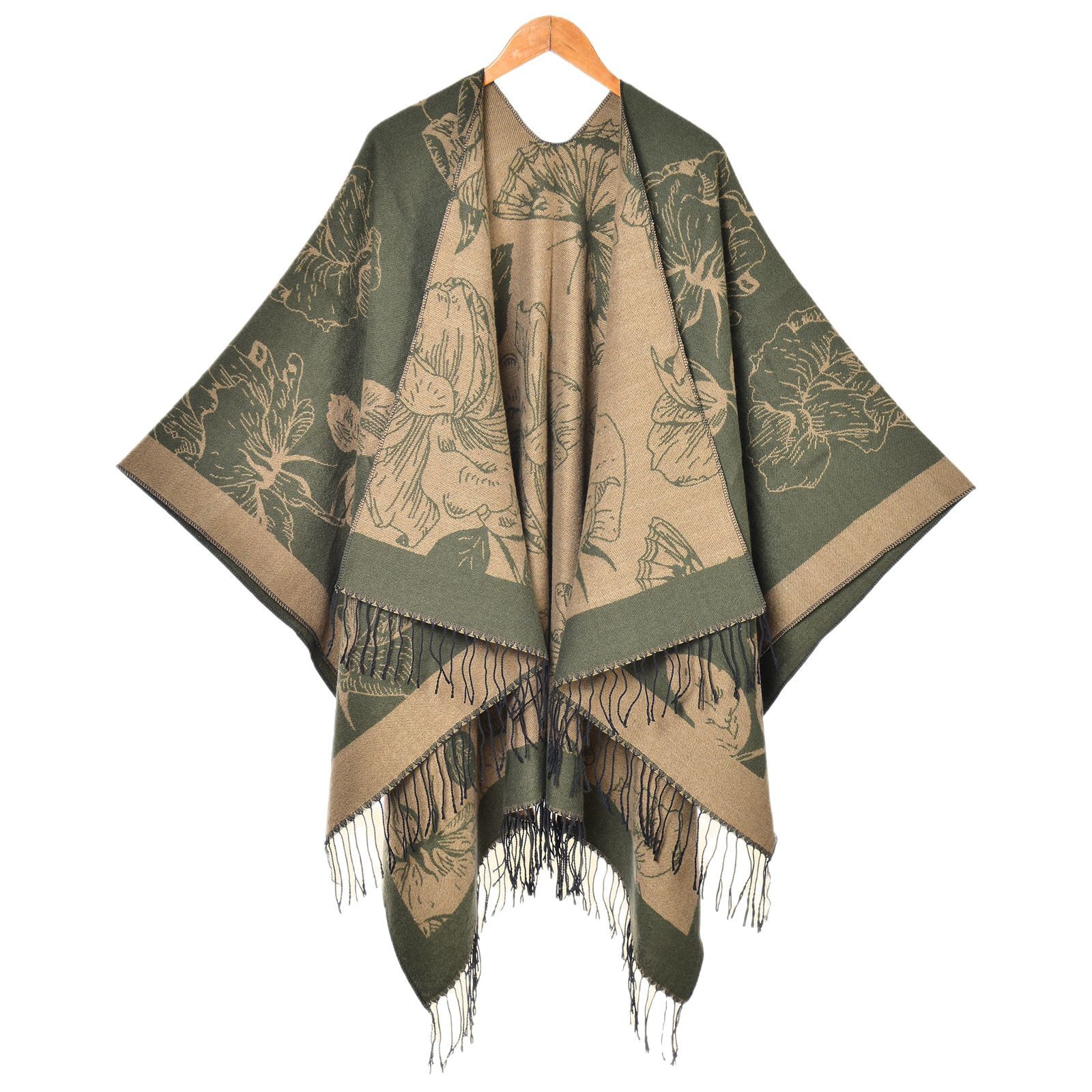 Nueva moda femenina europea y americana, flores grandes, borlas, puntas abiertas, capa de chal cálido de doble cara, venta caliente transfronteriza, capa de cachemira de imitación