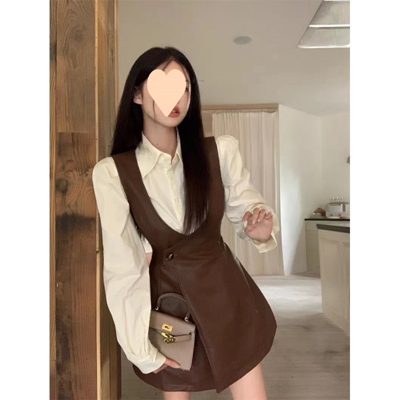 秋季2025新款女裝套裝領長袖襯衫皮字背心連衣裙兩件套潮