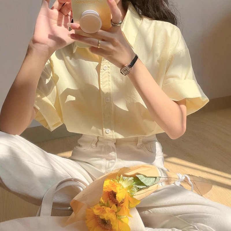 Summer Dopamine Outfit Pink Short-Sleeve Shirt for Women, Petite Style, Regular Shoulder, Japanese Half-Sleeve Top