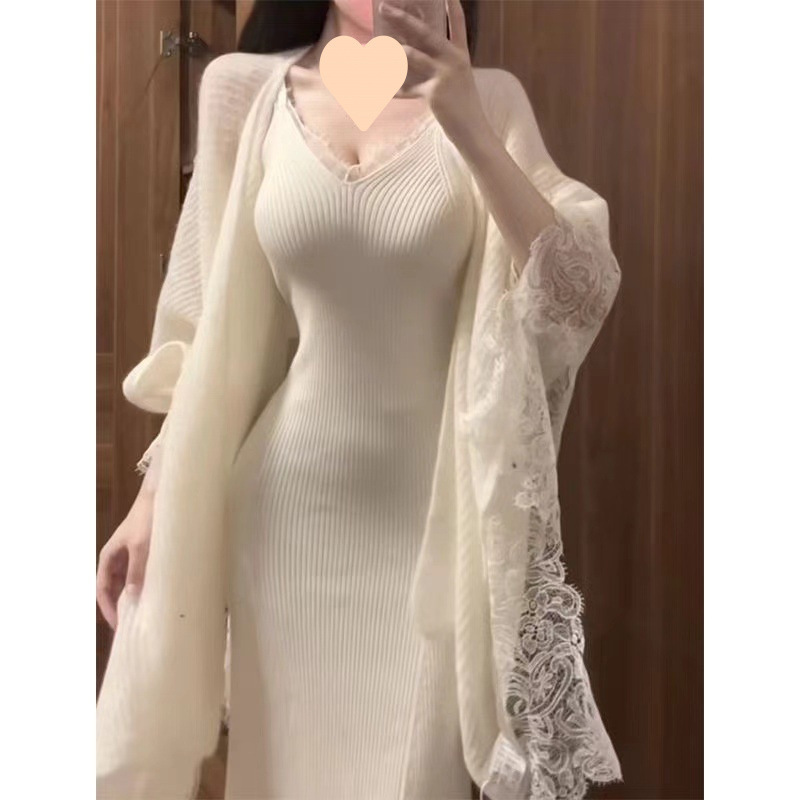女性のためのスーツ 2025 秋の新ピュア欲望ホットガールサスペンダードレスウエストロングスカートレースショールジャケット|undefined