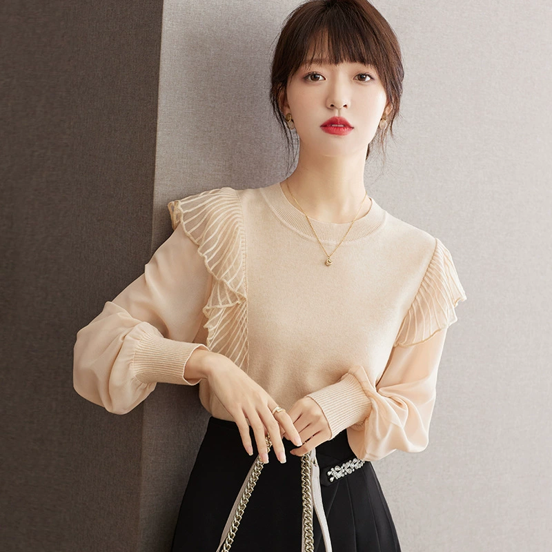 Настоящий выстрел в наличии ленивый свитер в стиле Женский Весна 2023 Новый дизайн Асимметричный Французский Топ