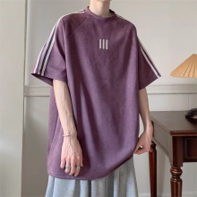 条杠新款短袖T恤男款夏季美式潮流ins宽松休闲五分袖复古百搭体恤