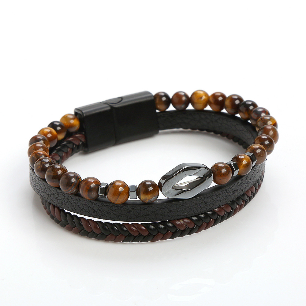 Herrenarmband Aus Leder Und Tigerauge Mit Magnetverschluss_voghion.com